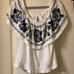 Free People White Blouse with Blue Embroidery